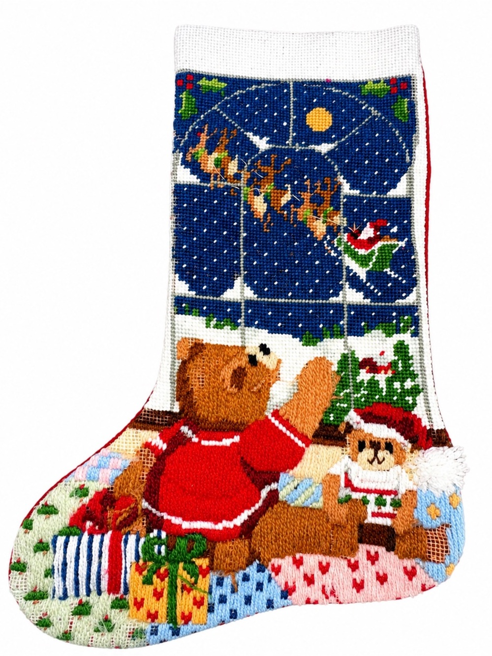 Needlepoint Holiday Bear Christmas Stocking in Red and White